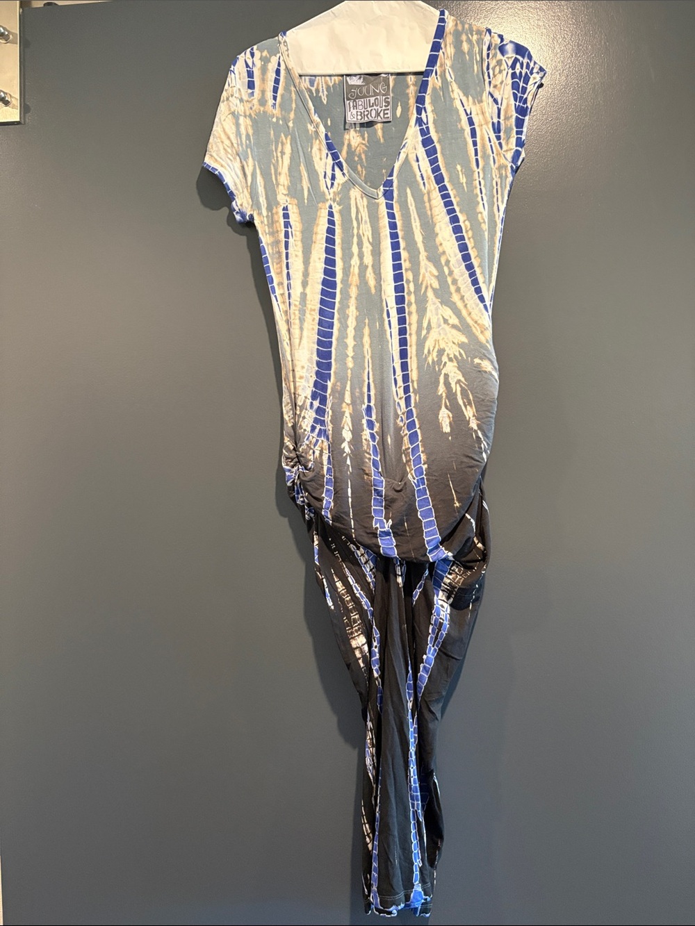 Blue and Gray Tie-Dye V-Neck Dress